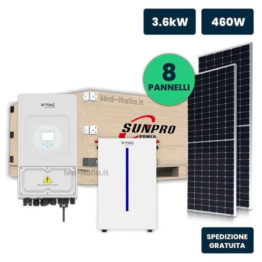 KIT Fotovoltaico Monofase 3kW con Inverter Ibrido, 8 Moduli SUNPRO TIER1 460W Silver Frame con Accmulo LFP 6kWh - Energia Libera Shop - V-TAC -