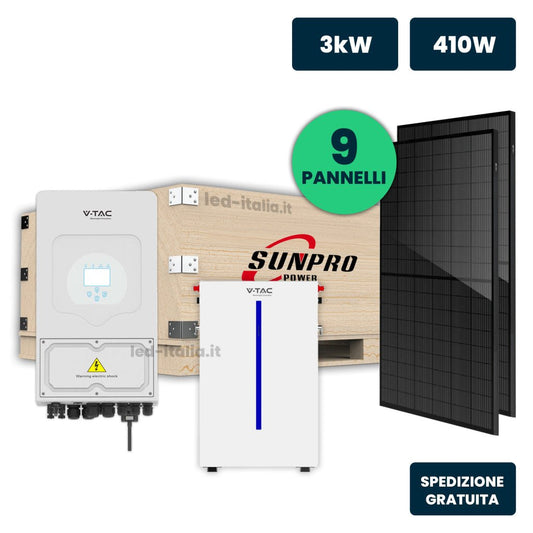 KIT Fotovoltaico Monofase 3kW con Inverter Ibrido, 9 Moduli SUNPRO TIER1 410W Full Black con Accmulo LFP 6kWh - Energia Libera Shop - V-TAC -