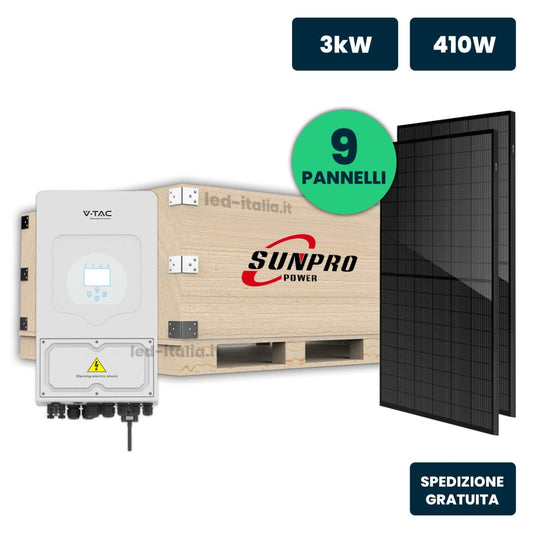 KIT Fotovoltaico Monofase 3kW con Inverter Ibrido, 9 Moduli SUNPRO TIER1 410W Full Black senza Accumulo - Energia Libera Shop - V-TAC -