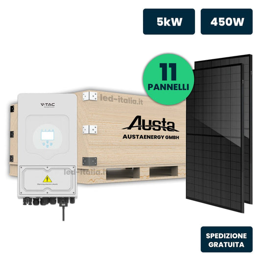 KIT Fotovoltaico Monofase 5kW con Inverter Ibrido, 11 Moduli AUSTA 450W Full Black senza Accumulo - Energia Libera Shop - V-TAC -