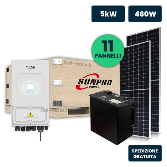 KIT Fotovoltaico Monofase 5kW con Inverter Ibrido, 11 Moduli SUNPRO TIER1 460W Silver Frame con Accmulo LFP 10kWh - Energia Libera Shop - V-TAC -