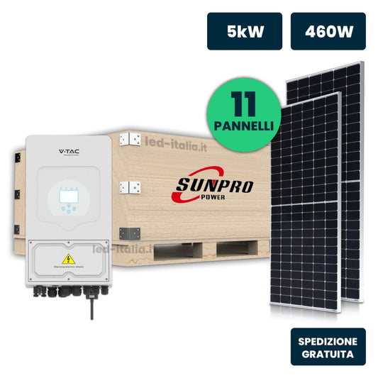 KIT Fotovoltaico Monofase 5kW con Inverter Ibrido, 11 Moduli SUNPRO TIER1 460W Silver Frame senza Accumulo - Energia Libera Shop - V-TAC -