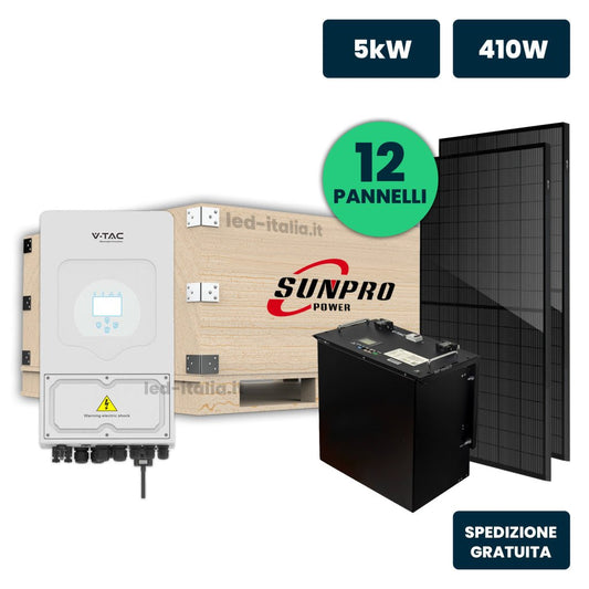 KIT Fotovoltaico Monofase 5kW con Inverter Ibrido, 12 Moduli SUNPRO TIER1 410W Full Black con Accmulo LFP 10kWh - Energia Libera Shop - V-TAC -