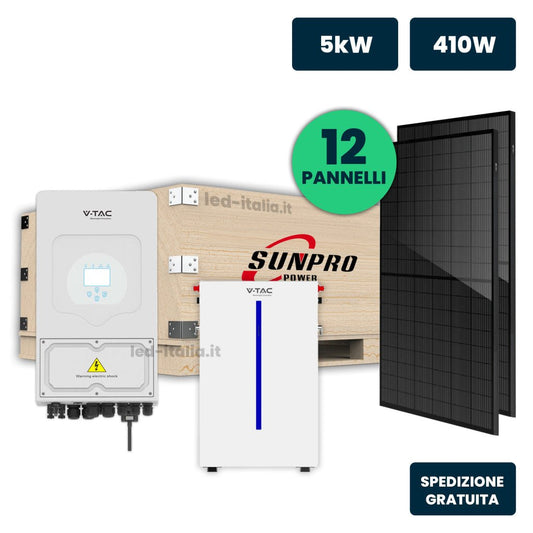 KIT Fotovoltaico Monofase 5kW con Inverter Ibrido, 12 Moduli SUNPRO TIER1 410W Full Black con Accmulo LFP 6kWh - Energia Libera Shop - V-TAC -