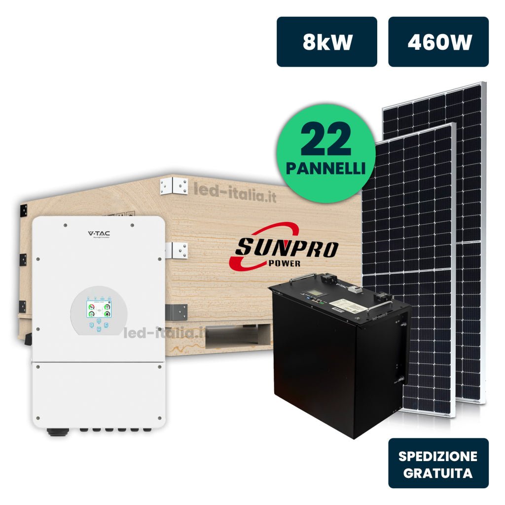 KIT Fotovoltaico Monofase 8kW per Impianti ad Isola con Inverter Ibrido, 22 Moduli SUNPRO TIER1 460W Silver Frame con Accmulo LFP 10kWh - Energia Libera Shop - V-TAC -
